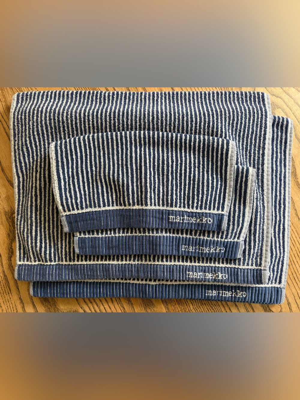 Marimekko Navy and Cream Striped Bath Towel Set